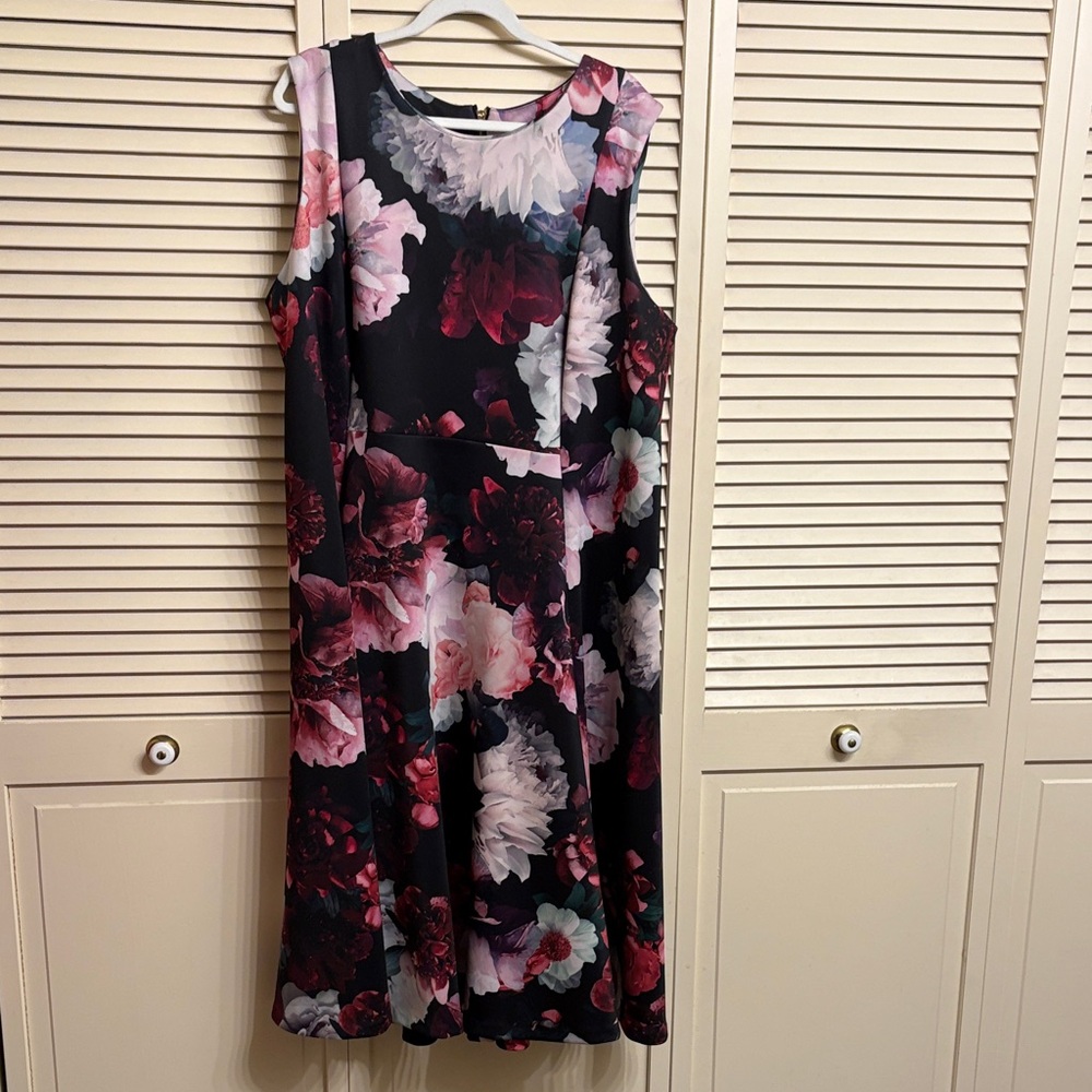 Calvin Klein Black and Pink Floral Midi Dress